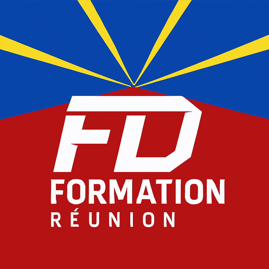 Logo FD Formation Réunion sur fond aux couleurs du drapeau réunionnais, formation detailing automobile