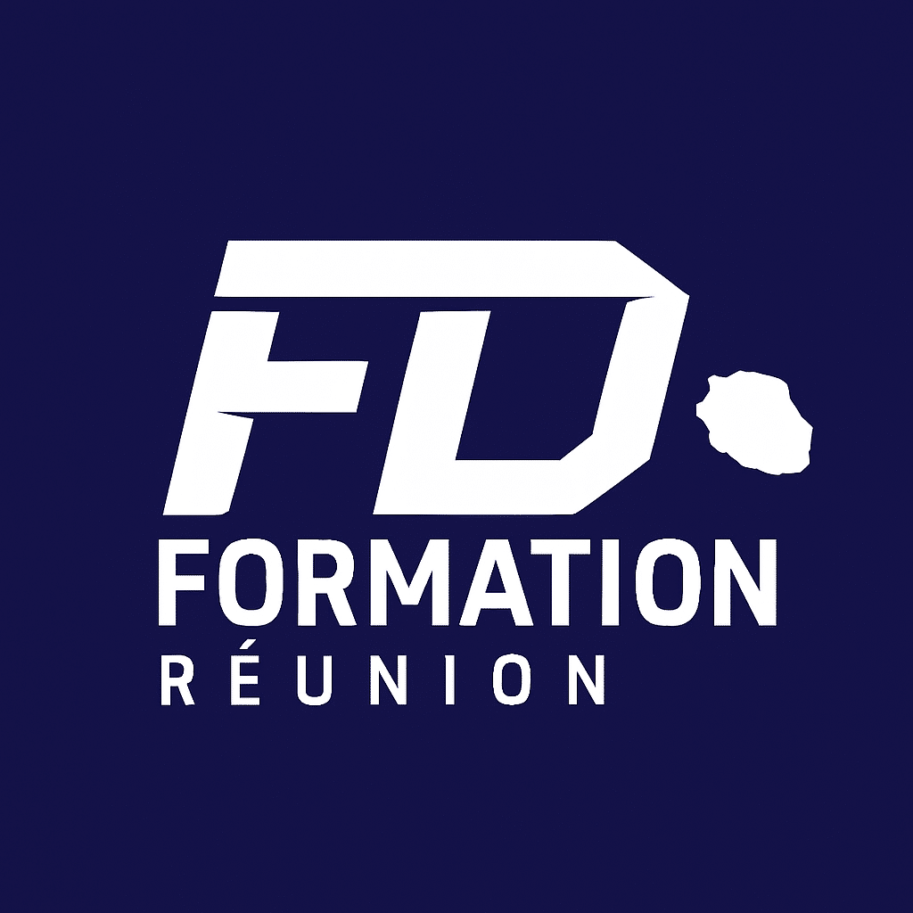 Logo FD Formation Réunion sur fond bleu marine avec la silhouette de l’île, formation detailing auto